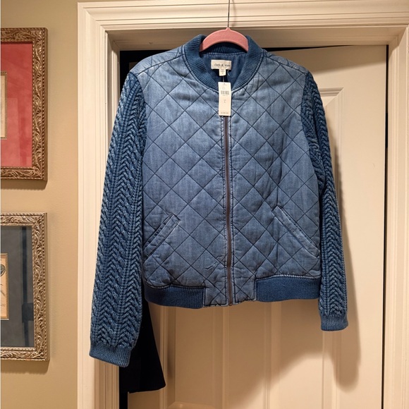 NWT Anthropologie Cloth & Stone Denim Blue Quilted Bomber Jacket - Picture 3 of 14